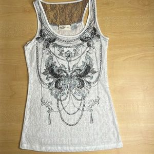 Miss Me Women’s Metallic and Sequined Lace Racer Back Burnout Tank Top